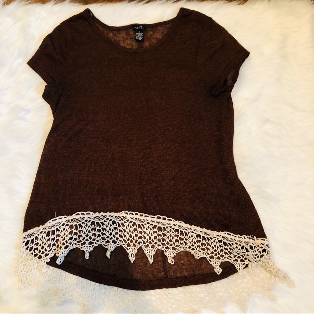 Rue 21 Brown Top w/ White Lace
